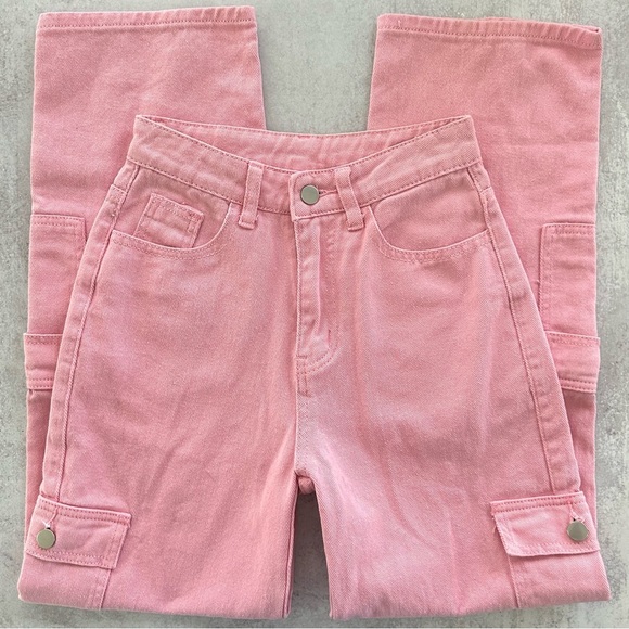 SHEIN Flap Pocket Cargo Jeans Pink XXS-P - Picture 3 of 6